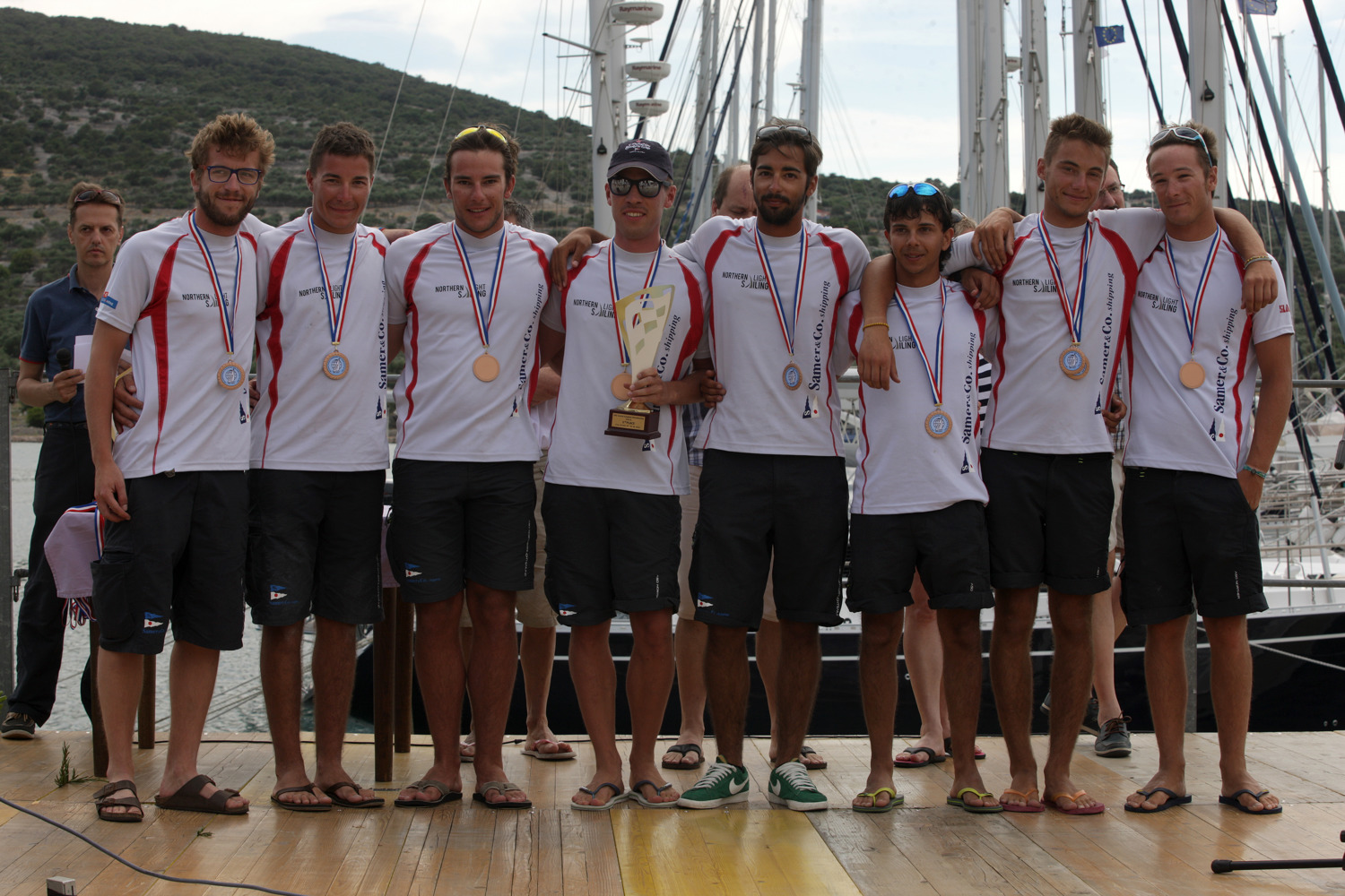 L'equipaggio di Northern Light Sailing sul palco della premiazione del Campionato Centro Europeo ORC 2014